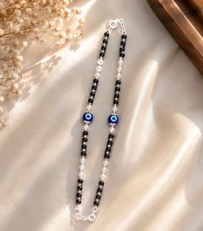 925 Sterling Silver Evil Eye Black Bead & Pearl Nazaria Necklace