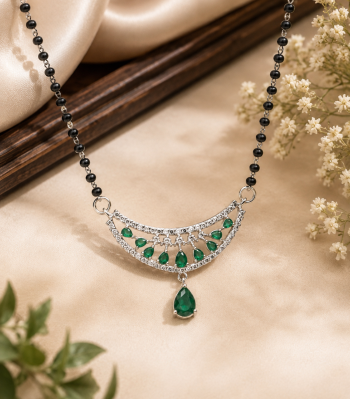 Emerald Mangalsutra Necklace 925 Sterling Silver