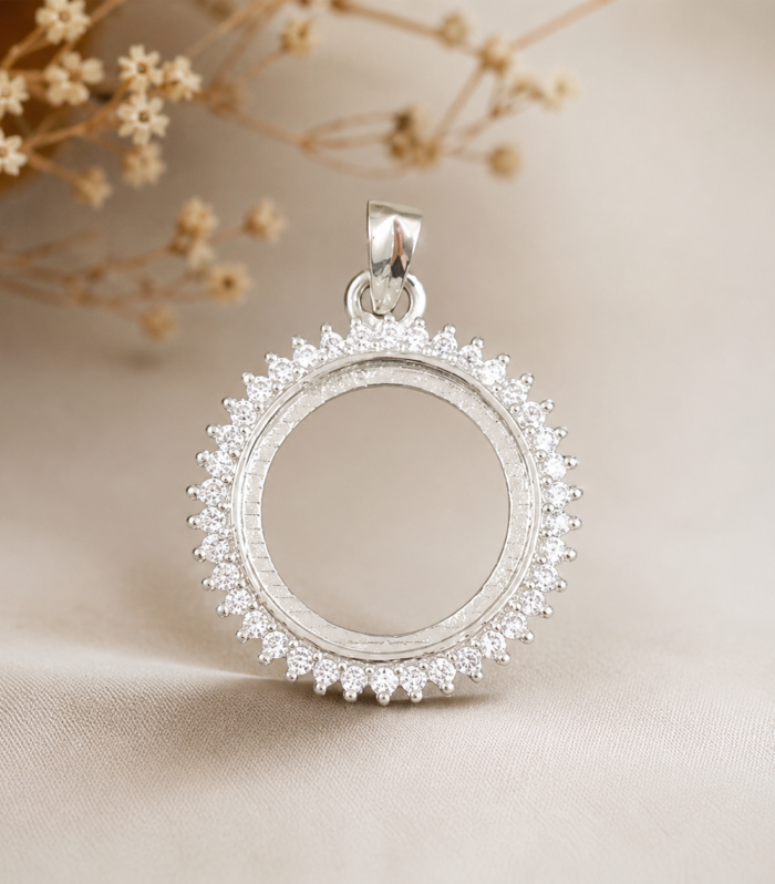 925 Sterling Silver Round Halo with CZ Circle Pendant