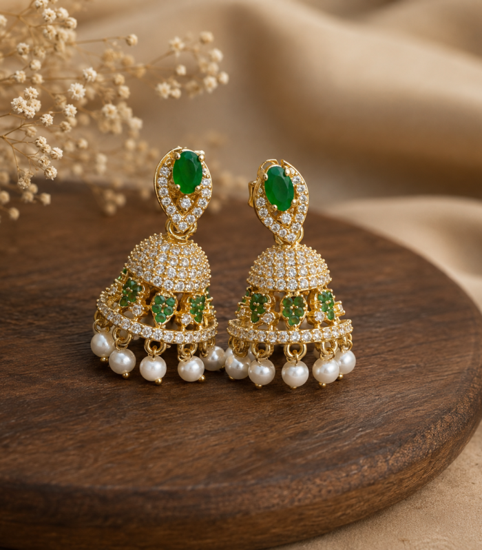 925 Sterling Silver Green Emerald & CZ Traditional Jhumkha Earrings