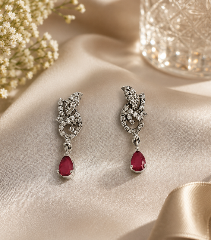 Ruby CZ 925 Sterling Silver Floral Vine Drop Stud Earrings