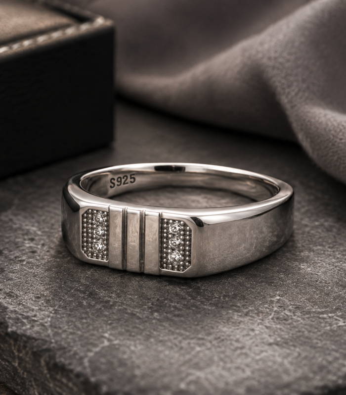 925 Sterling Silver Men's Textured Panel CZ Accent Statement Ring