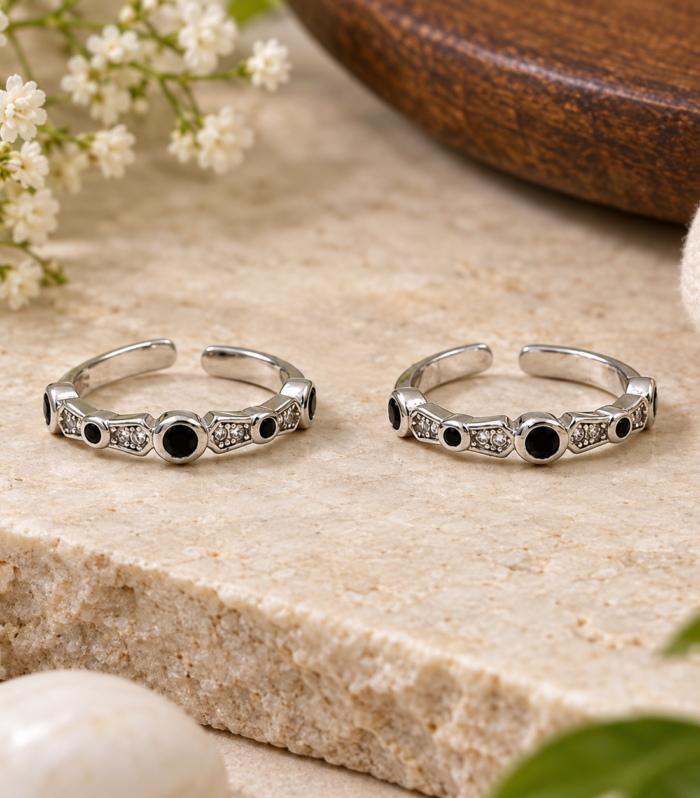 Black Onyx & CZ Adjustable Toe Ring Open Band Women's Jewelry