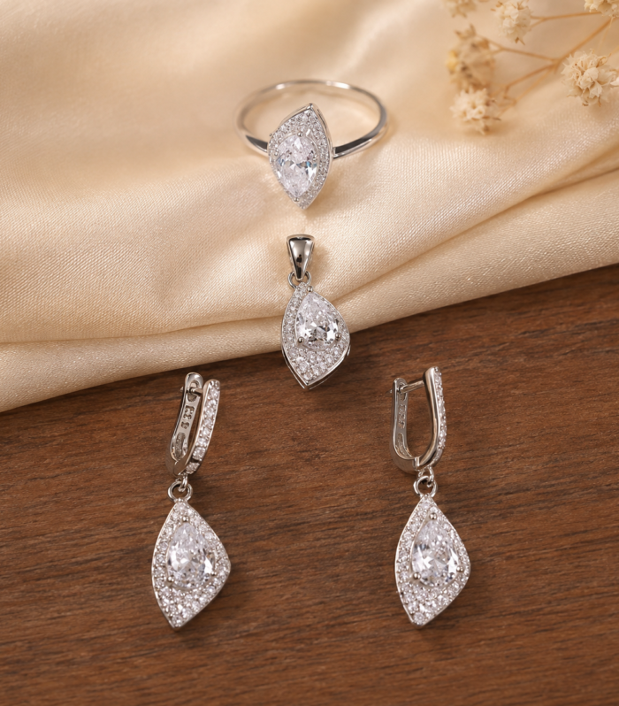 Amethyst Teardrop Jewelry Set in 925 Sterling Silver – Ring, Pendant & Earrings