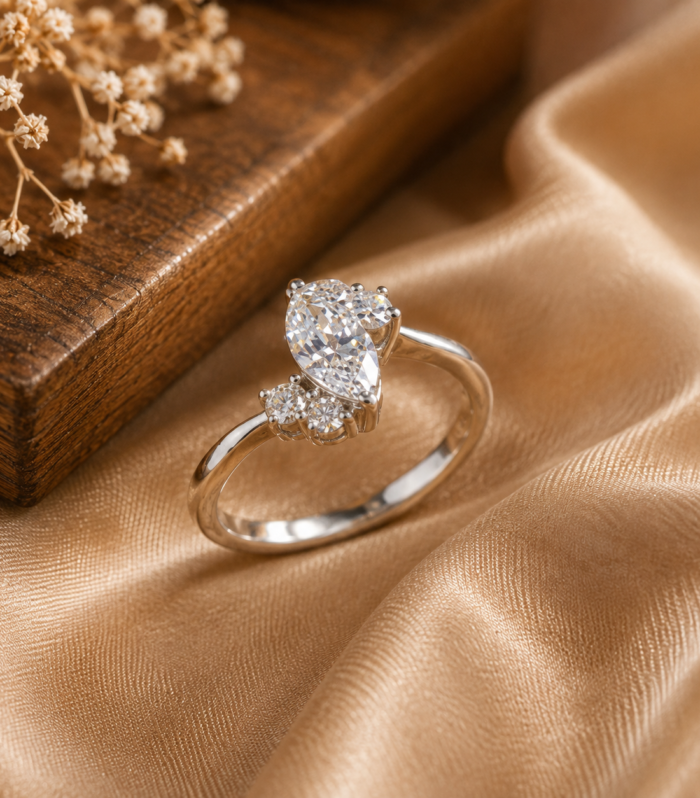 Pear-Shaped CZ Cluster 925 Sterling Silver Ring with Side Stones