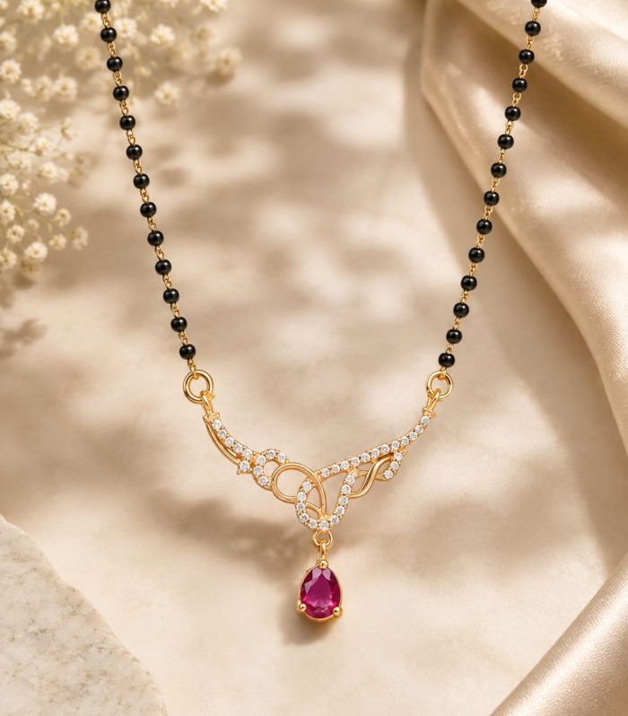 925 Sterling Silver Red Ruby Mangalsutra with Curved Pendant