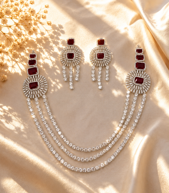 Ruby Red CZ Diamond Necklace Set Multi Layer Bridal Jewelry