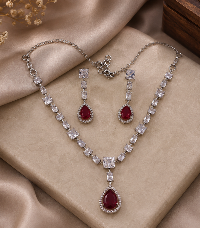 925 Sterling Silver Ruby & Cubic Zirconia Necklace Set with Matching Earrings