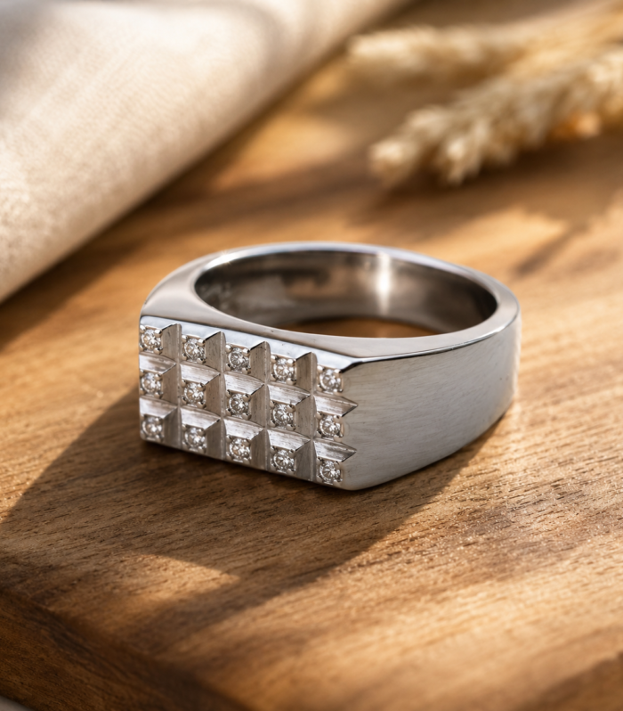 925 Sterling Silver Men's Textured Grid CZ Statement Ring