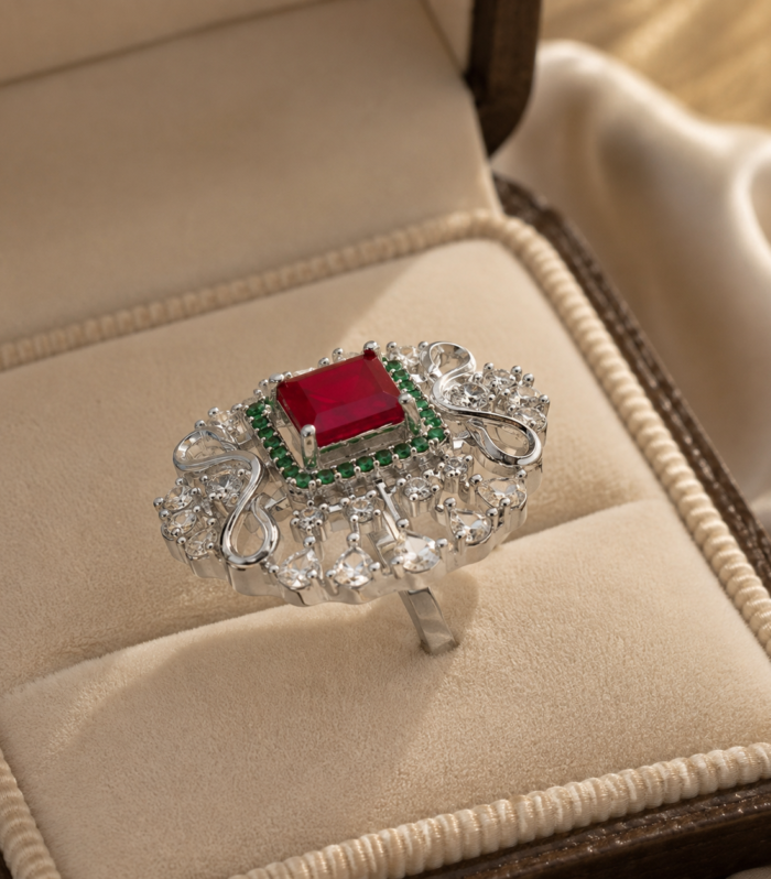 Ruby & Emerald Floral Ring in 925 Sterling Silver Ornate Cocktail Ring