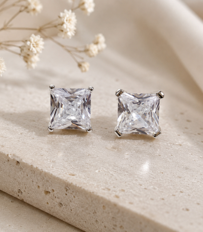 Princess Cut Cubic Zirconia Stud Earrings – Elegant Square CZ Earrings