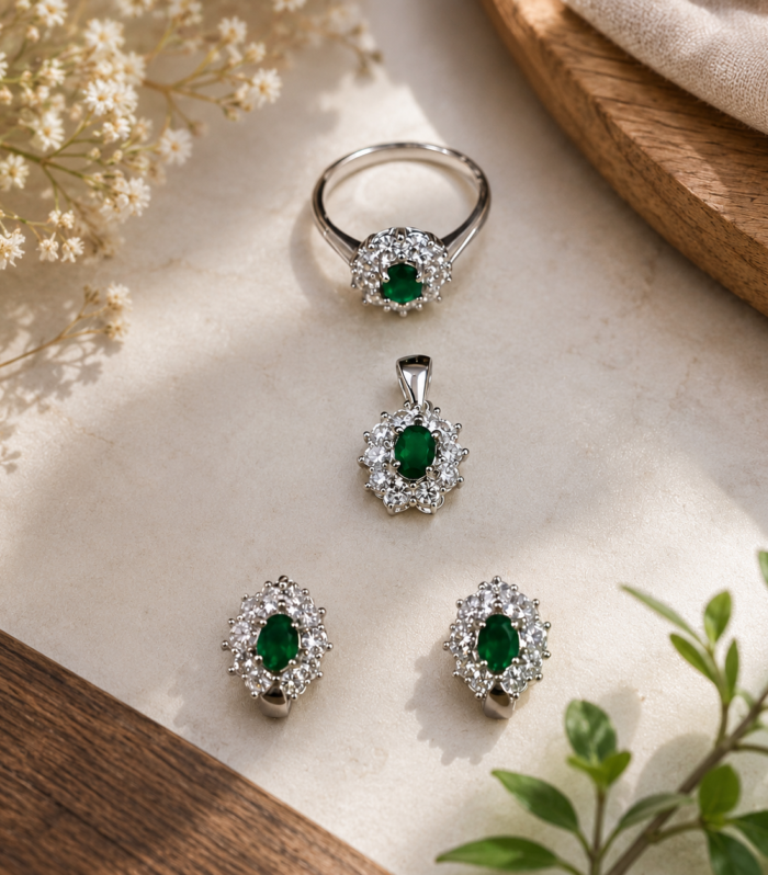 Emerald Green Stone Ring Pendant & Earrings Set in 925 Sterling Silver with CZ Accents