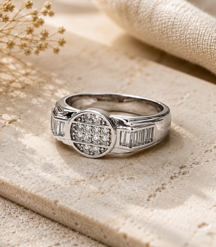 925 Sterling Silver Men's Round Medallion CZ Accent Ring