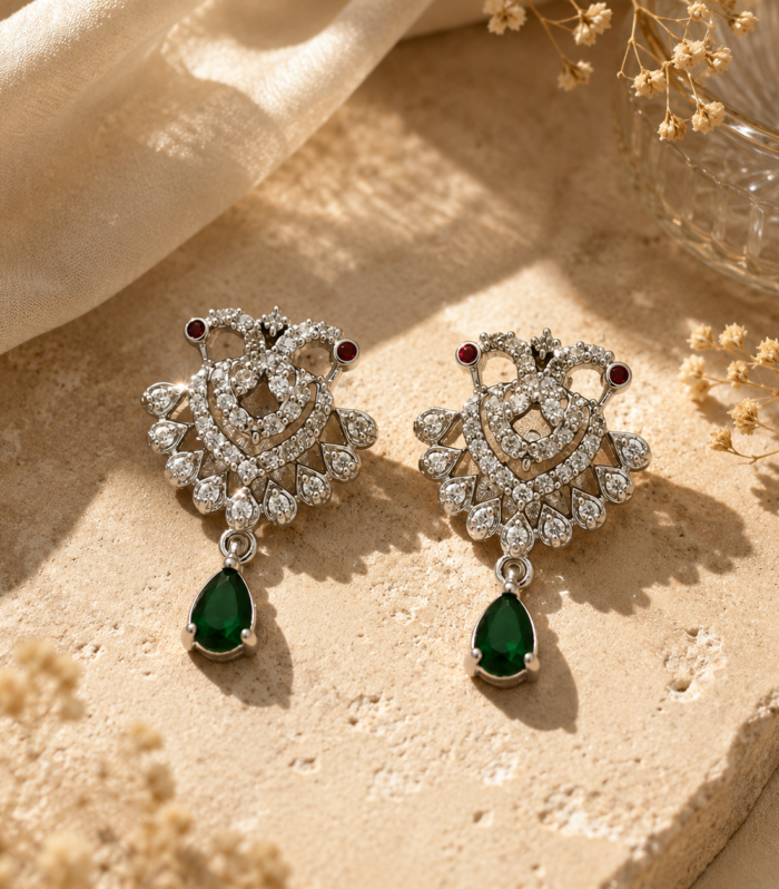 Emerald Ruby CZ 925 Sterling Silver Floral Peacock Drop Stud Earrings