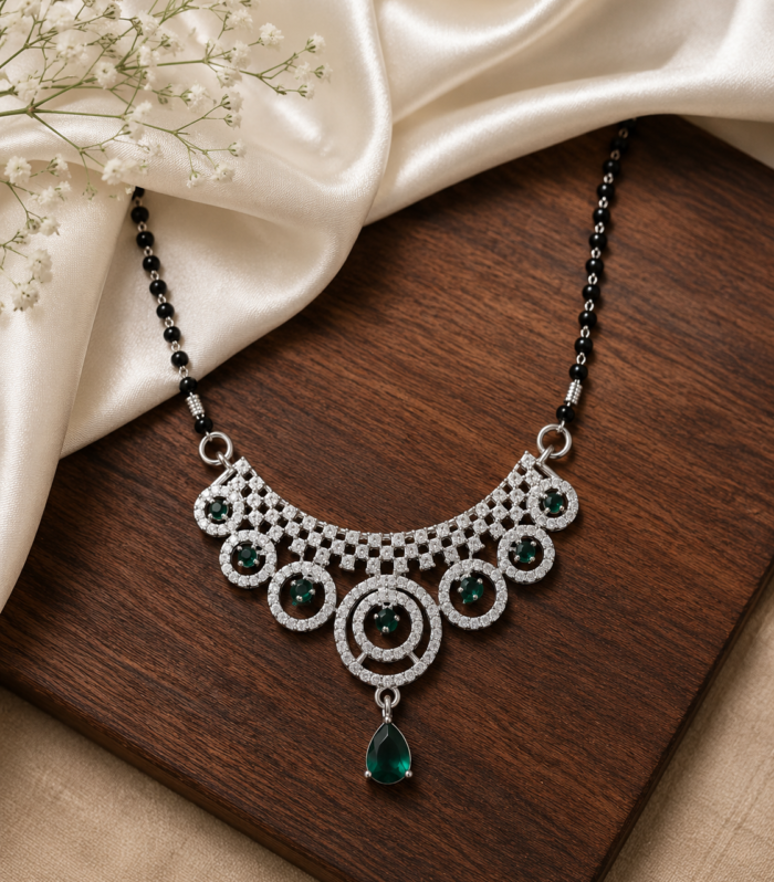 Emerald Peacock Style Mangalsutra with Pear Drop 925 Sterling Silver