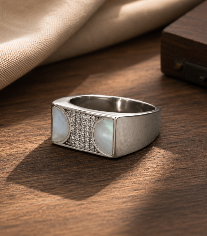 Men’s Silver Statement Ring with CZ Accents Modern Geometric Wide Band Ring