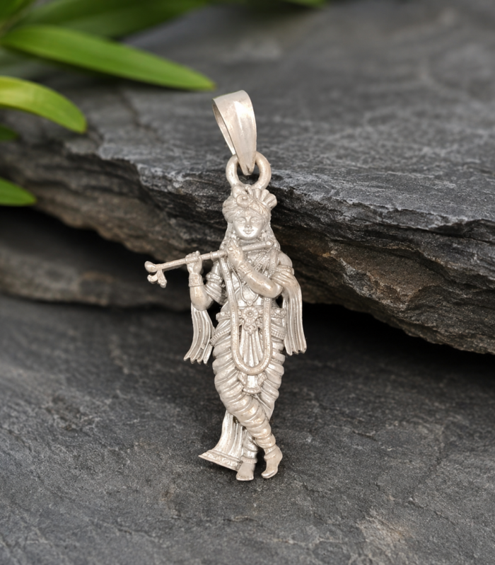 Lord Krishna Ji with Flute Pendant 925 Sterling Silver Jewelry