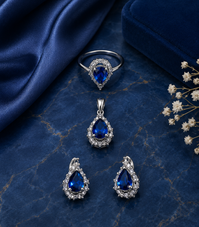 Blue Sapphire 925 Sterling Silver Ring, Pendant & Earrings Set