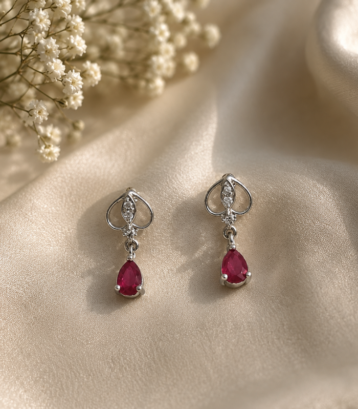 Ruby CZ 925 Sterling Silver Pear Cut Drop Stud Earrings
