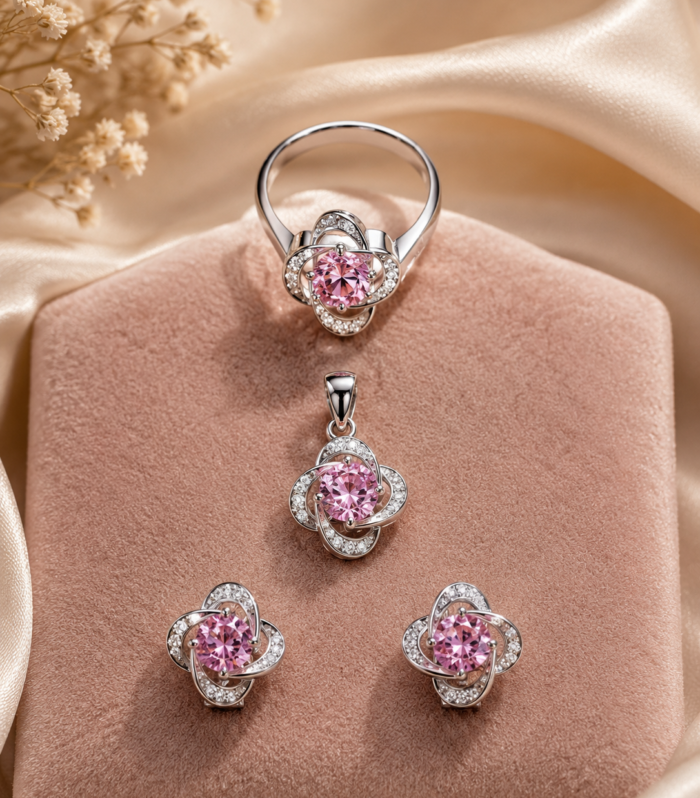 Pink Sapphire Floral Knot Jewelry Set in 925 Sterling Silver – Ring, Pendant & Earrings