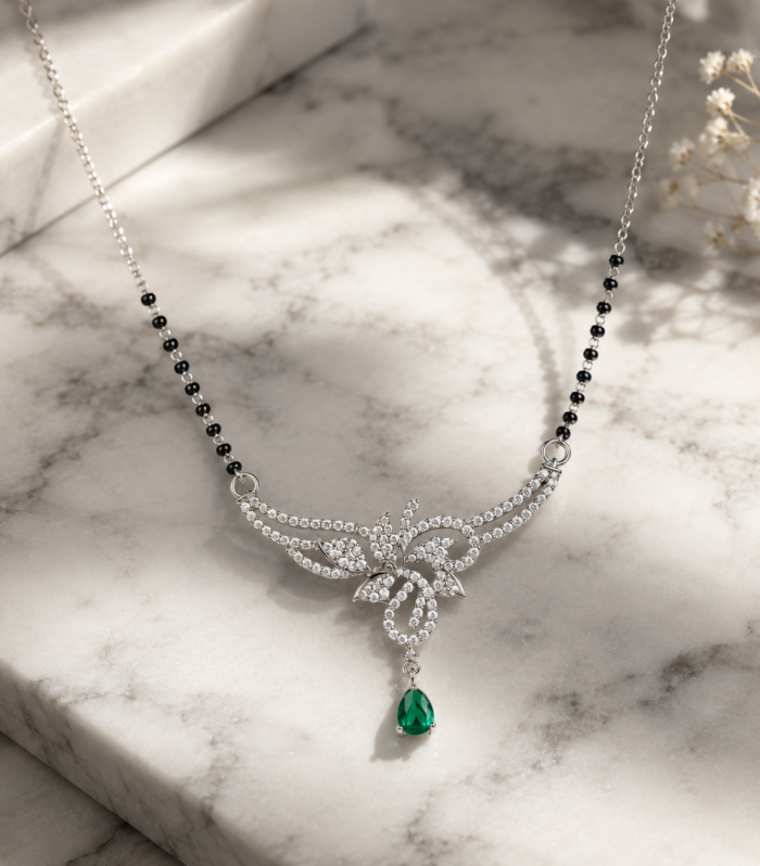 Green Emerald 925 Sterling Silver Floral Mangalsutra Necklace