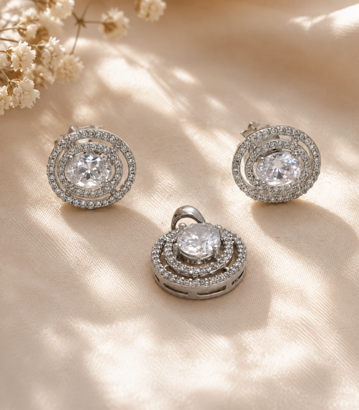 Round Cut Halo Pendant and Earrings Set 925 Sterling Silver