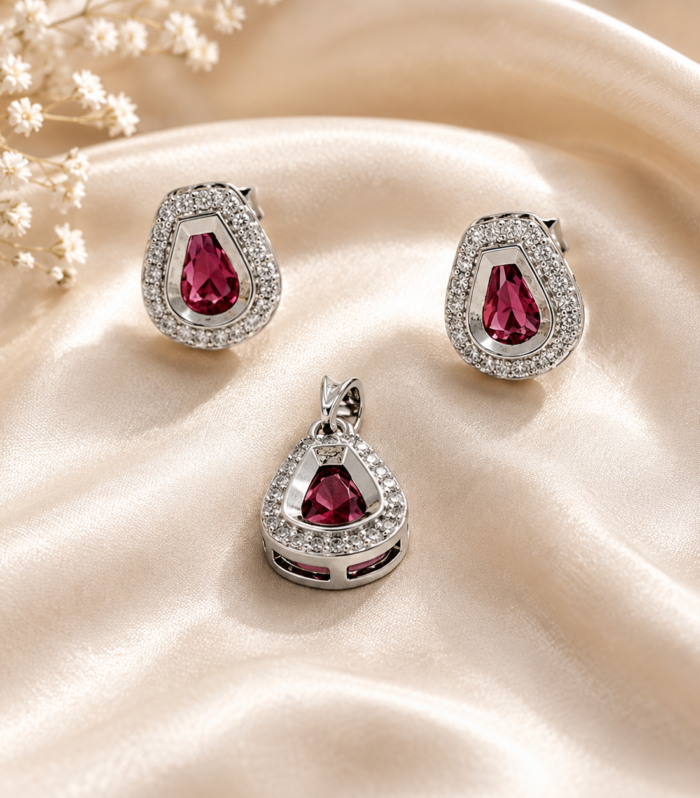 925 Sterling Silver Red Pear Cut Classy Pendant and Earrings Set