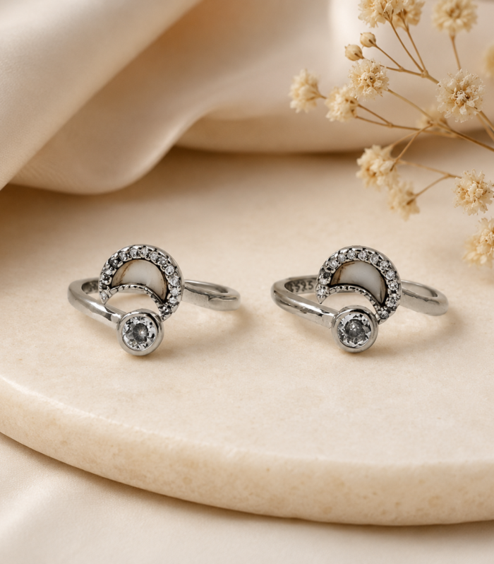 925 Sterling Silver CZ Crescent Toe Ring Adjustable Open Band