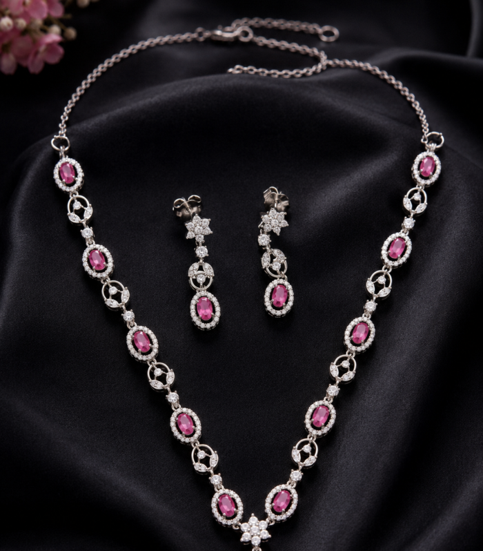 Oval Pink Sapphire CZ Necklace with Matching Drop Earrings