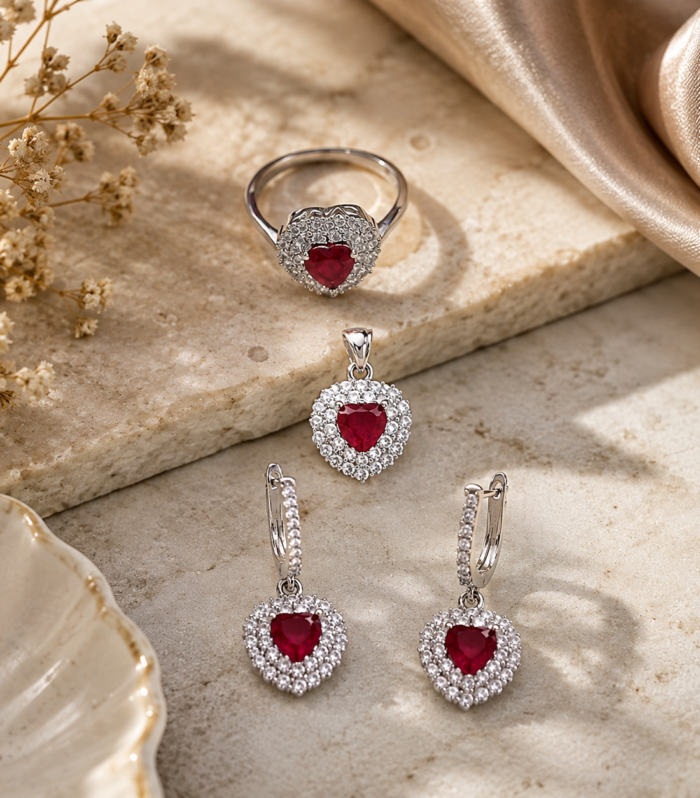 Ruby Heart-Shaped Ring, Pendant & Earrings Set in 925 Sterling Silver – Elegant Bridal Jewelry Set