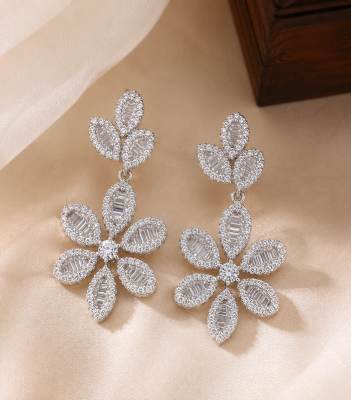 Flower Drop 925 Sterling Silver CZ Dangle Earrings
