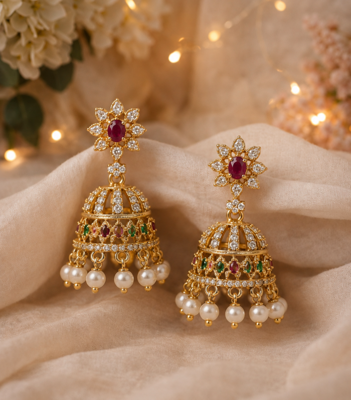 Ruby Multicolor Jhumka Earrings with Pearl Drops
