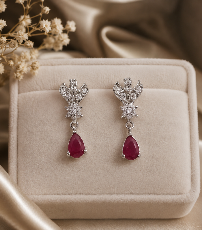 Ruby 925 Sterling Silver Floral Cluster Pear Drop Dangle Earrings