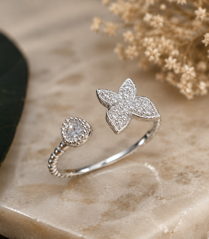 Floral Open Butterfly Bypass CZ Sterling Silver Ring