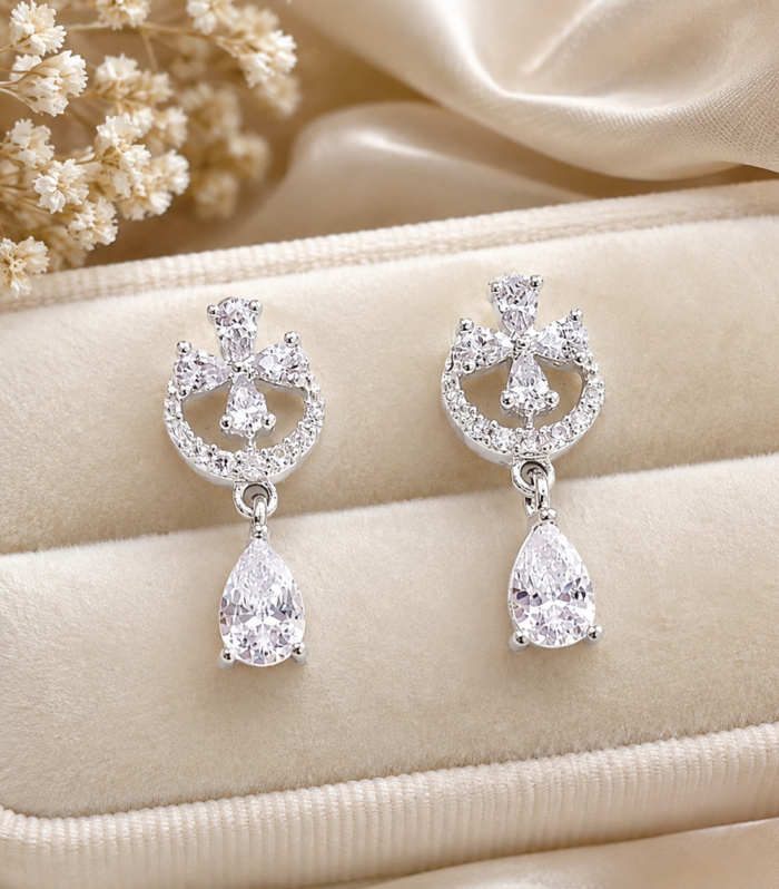 CZ 925 Sterling Silver Floral Circle Pear Drop Dangle Stud Earrings