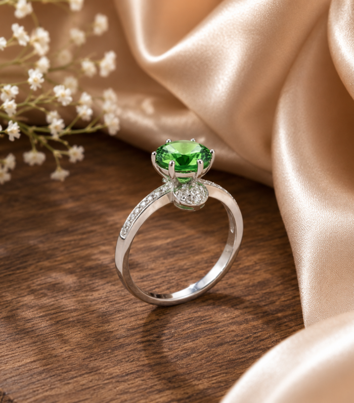 Green Emerald & CZ Solitaire Ring in 925 Sterling Silver