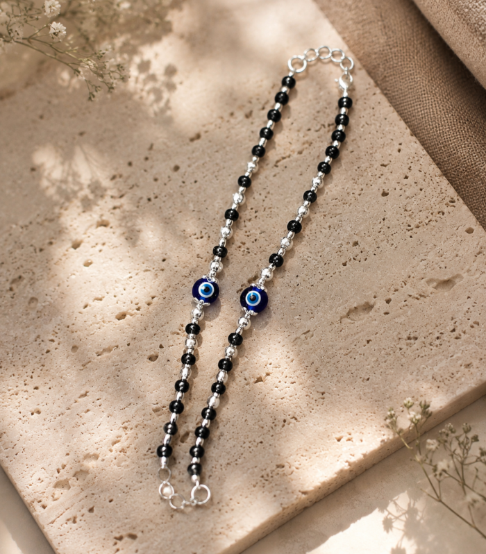 Blue Evil Eye Nazariya with Black Beads & Silver