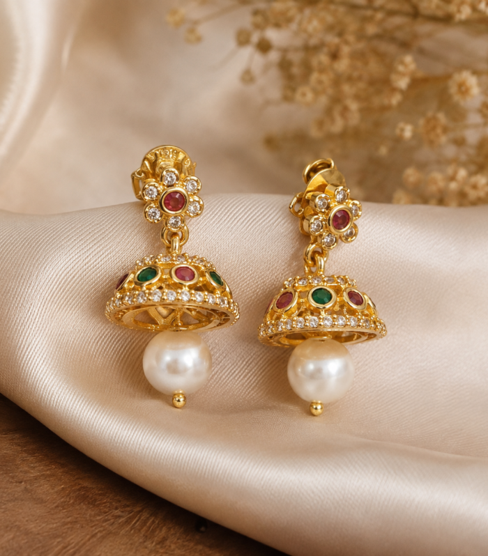 925 Sterling Silver Red Ruby & Green Emerald CZ Pearl Drop Jhumkha Earrings