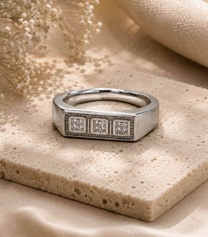 925 Sterling Silver Men's Triple Square CZ Panel Statement Ring