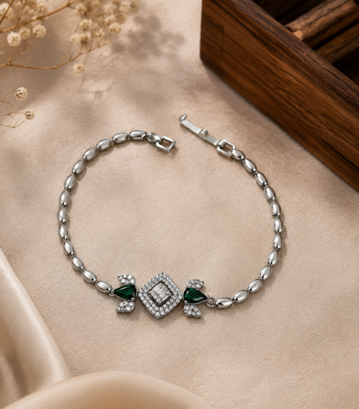 Emerald & CZ Diamond 925 Sterling Silver Link Bracelet