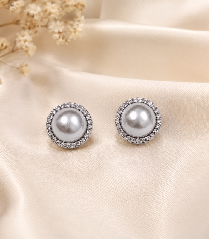 Pearl CZ 925 Sterling Silver Round Halo Stud Earrings