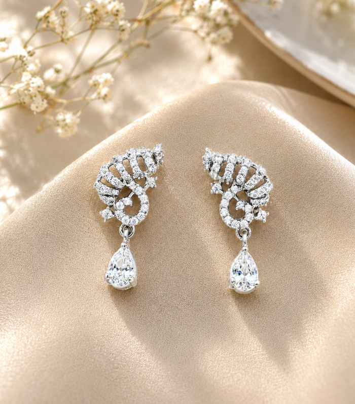 CZ 925 Sterling Silver Floral Pear Cut Drop Stud Earrings