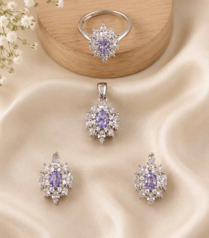 Purple Amethyst Oval Pendant & Earrings Set with CZ Floral Halo Jewelry Set