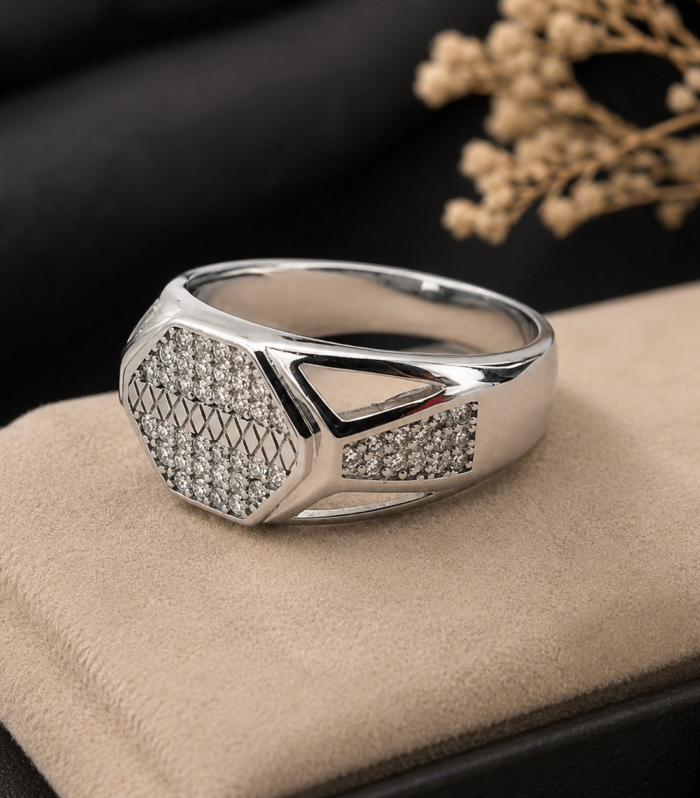 925 Sterling Silver Men’s Geometric CZ Statement Ring with Pave Detailing