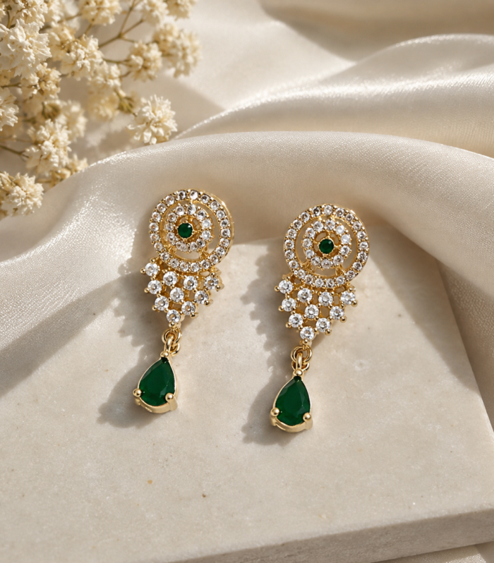 Emerald 925 Sterling Silver Gold Tone Round Halo Dangle Stud Earrings