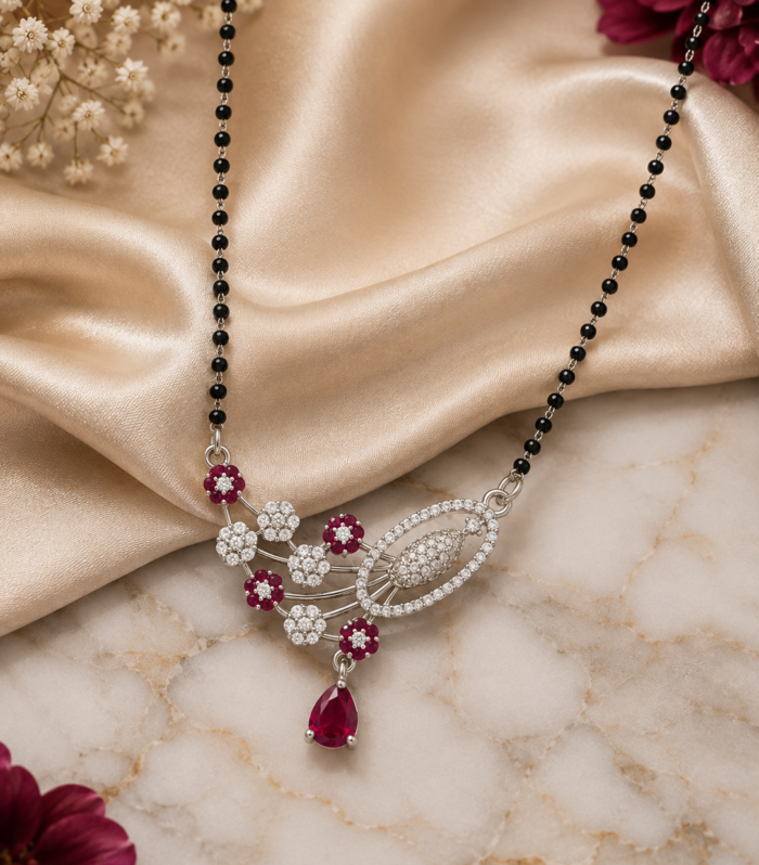 925 Sterling Silver Ruby Floral Mangalsutra with Pear-Shaped Drop