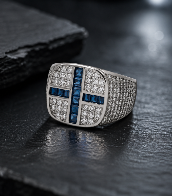 925 Sterling Silver Men's Blue Baguette CZ Geometric Statement Ring