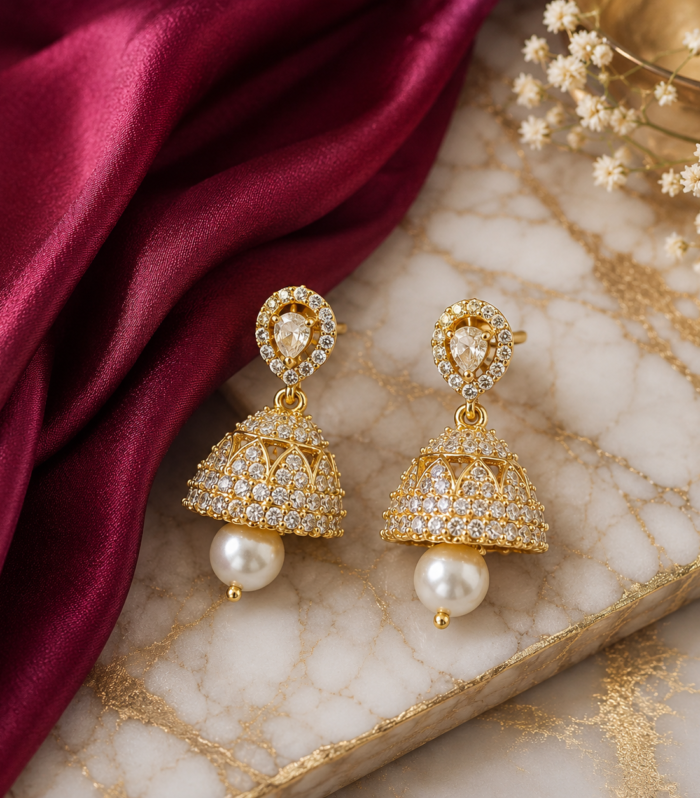 Gold CZ Jhumka Earrings with Pearl Drop