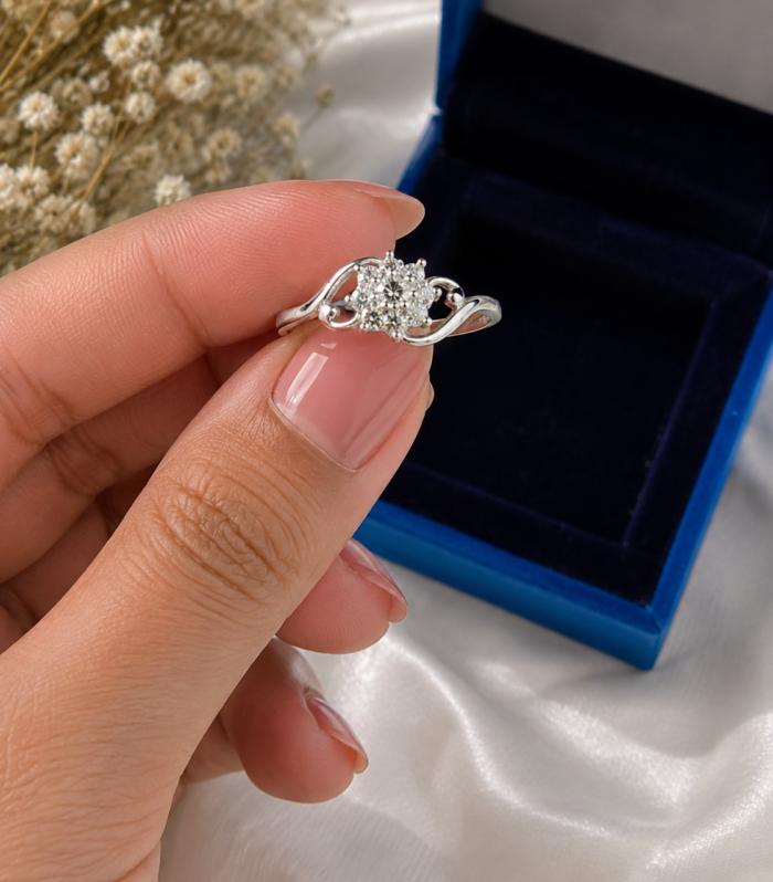 Floral CZ Sterling Silver Ring with Curved Swirl Band
