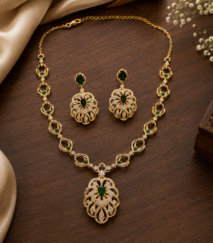 925 Sterling Silver Green & White Cubic Zirconia Floral Necklace Set with Matching Earrings